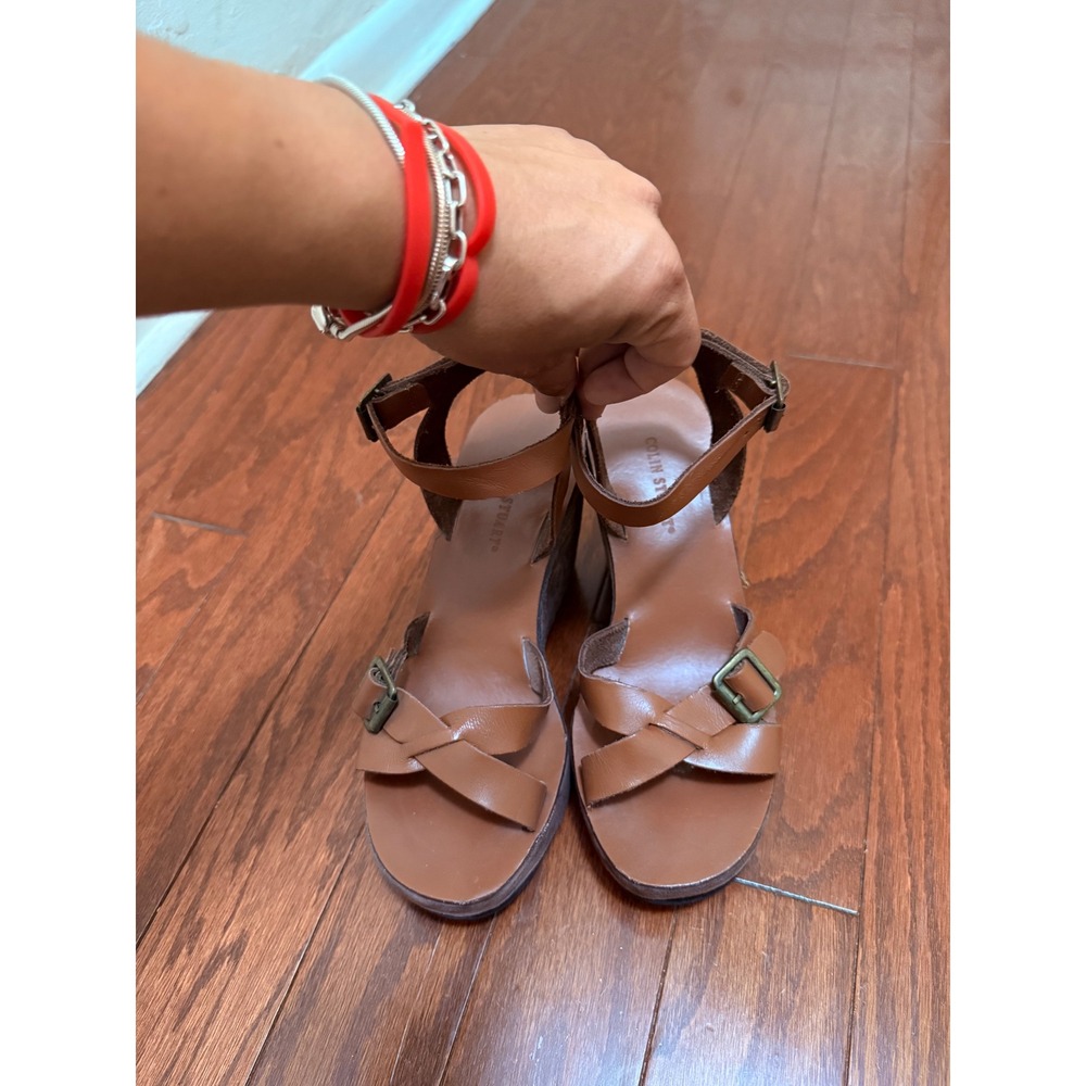 Colin Stuart Brown Leather Suede Platform Wedge Sandals Ankle Strap Cognac